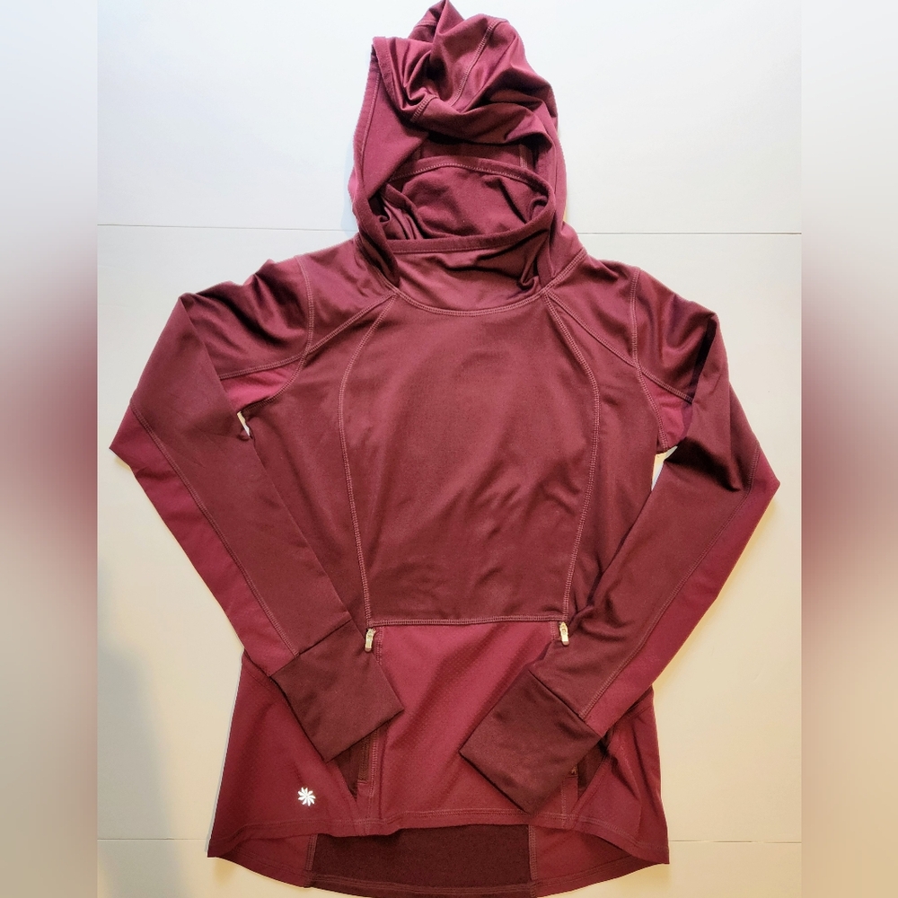 Athleta Plush Tech Hoodie 3.0 Women's XS Cowl Neck Zip Pockets Burgendy EUC 0071